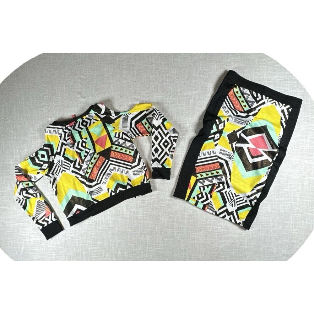 VTG BONGO 90s Y2K Crop Top & Skirt Set L Geo Cutout Neon Rave Clubwear